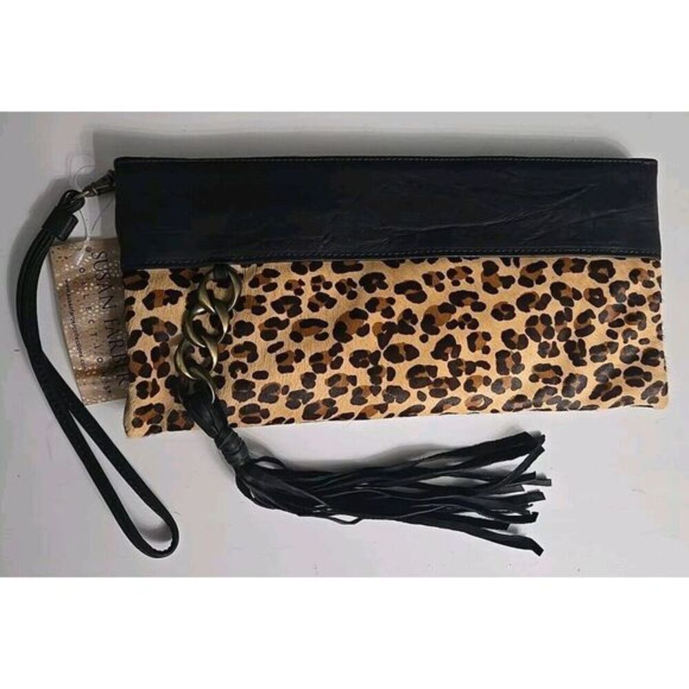 SUSAN FARBER Collection SYDNEY Black Leather Fringe- Cheetah Fur Wristlet